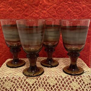 Set of (4) Libbey Sango Nova Brown Stem‎ 7" Wine Water Goblet Glasses
